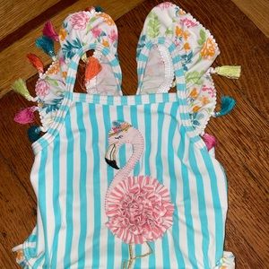 Mud pie boutique designer bathing suit swimsuit toddler girl flamingo stripes